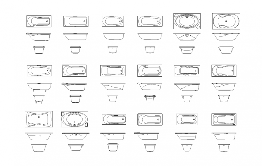 Bath room design with different types of bath tub with plan and elevation dwg file