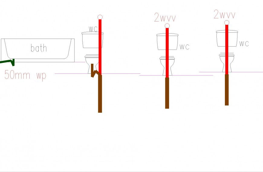 Bath tub and water closed pipe line elevation detail dwg file