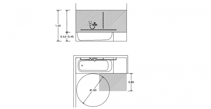 Bath tub front 2d detailing and top view model detail