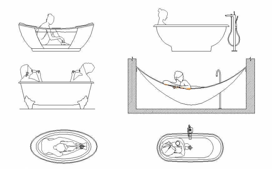 Bathing peoples act in bathtub blocks cad drawing details dwg file