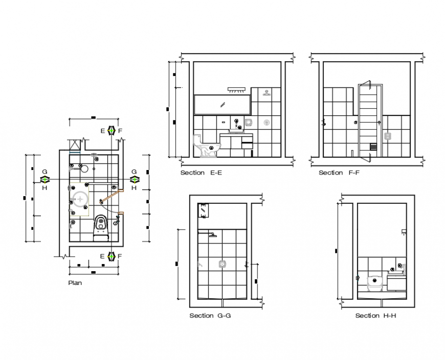 Bathroom all sided sectional and plan details dwg file