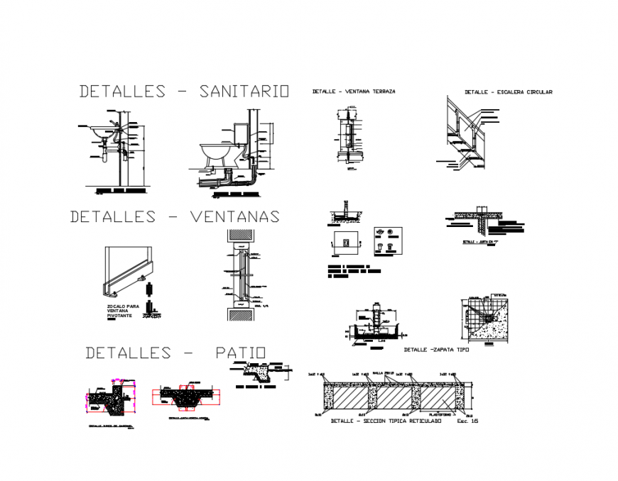 Bathroom and toilet installation with constructive sectional details dwg file