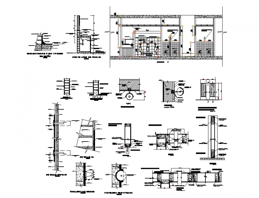 Bathroom and toilet section, installation and constructive details dwg file