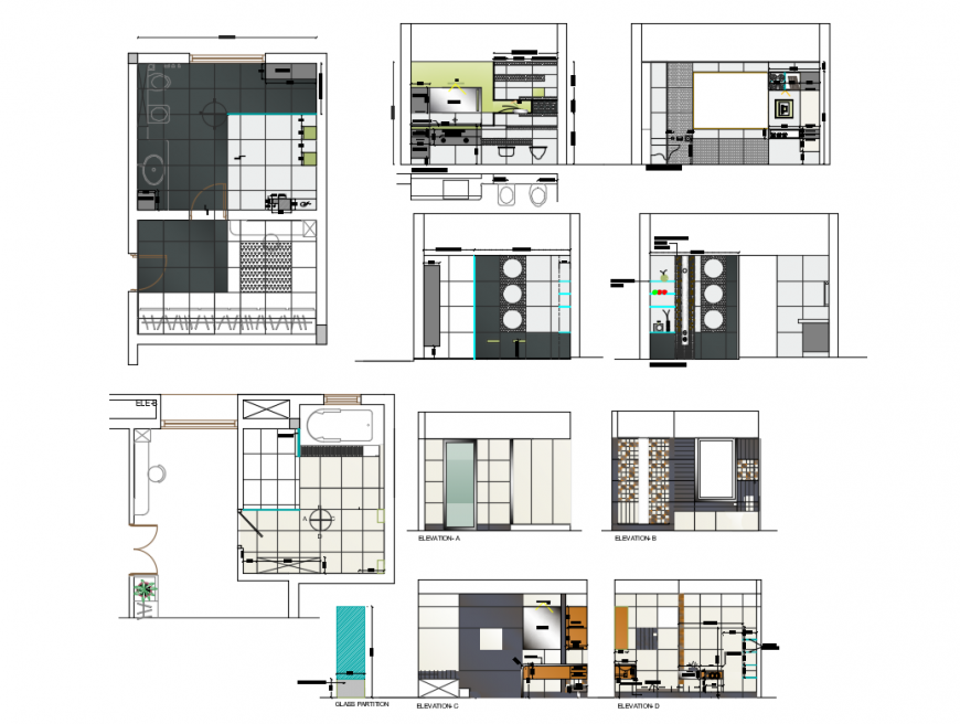 Bathroom and toilet sectional and installation cad drawing details dwg file