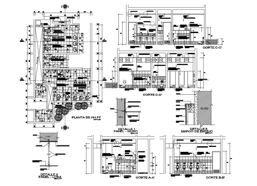 Bathroom and toilets all sided section, plan and installation details dwg file