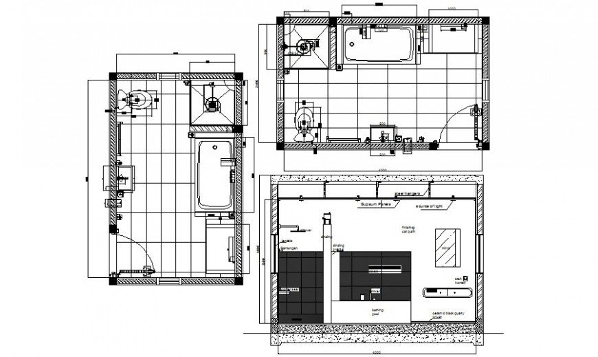 Bathroom area plan and sectional drawing in autocad software