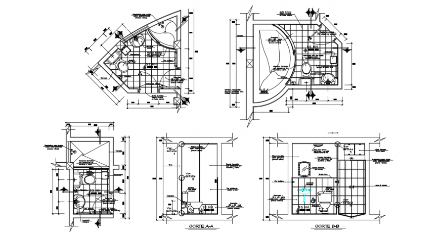 Bathroom development plans, section and sanitary installation details dwg file