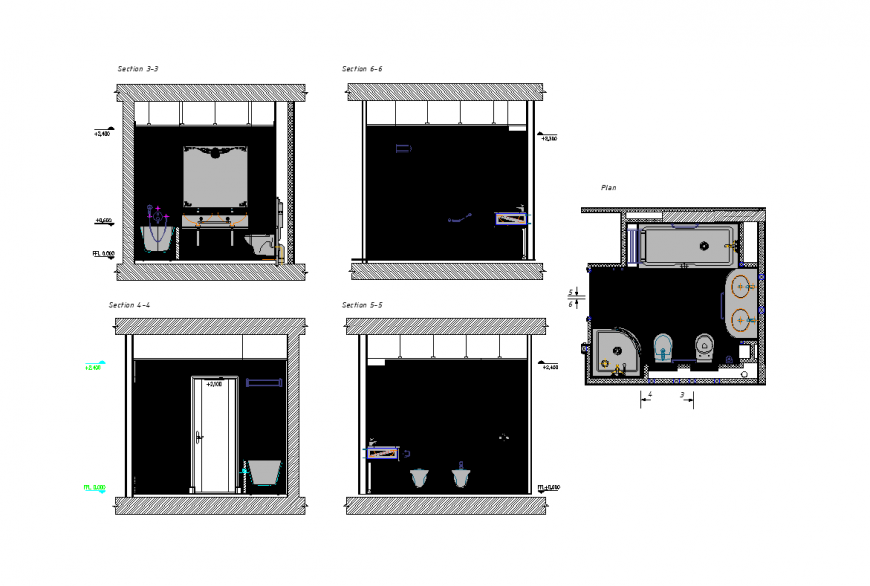 Bathroom different design view with plan dwg file