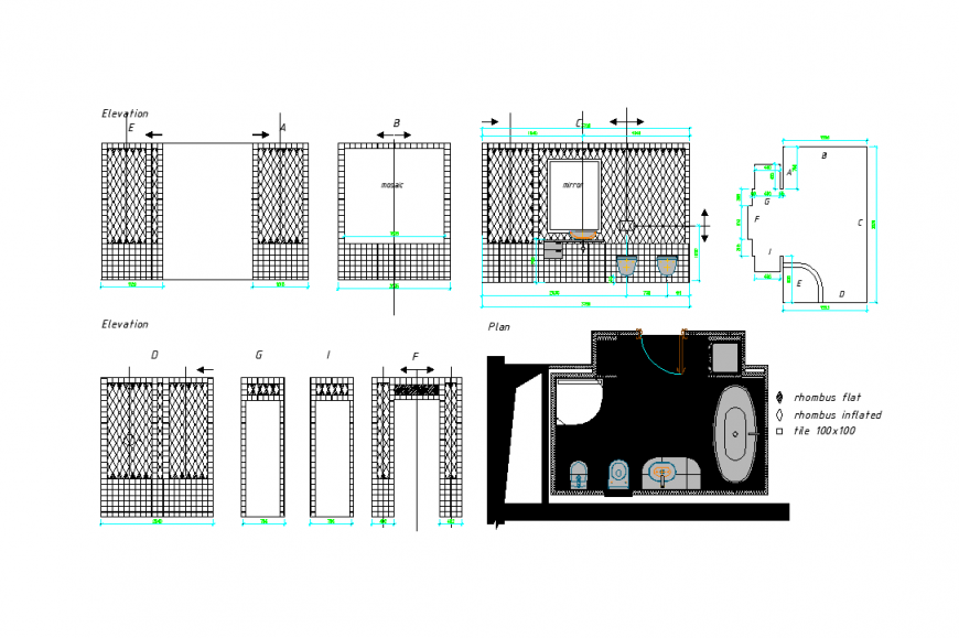 Bathroom different design with plan and elevation dwg file