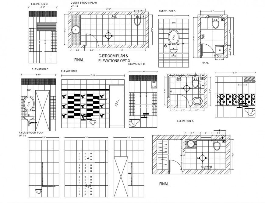 Bathroom elevations, sections, plan and installation cad drawing details dwg file