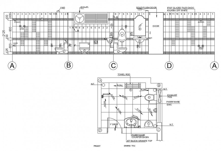 Bathroom of bedroom section, plan and sanitary installation cad drawing details dwg file