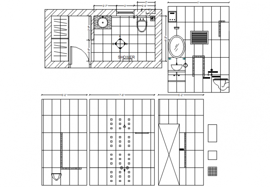 Bathroom of bungalow elevation, section and plan drawing details dwg file