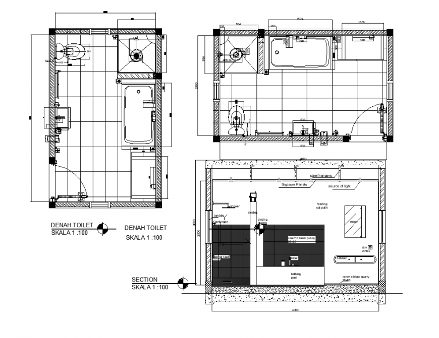 Bathroom plan and section detail dwg file