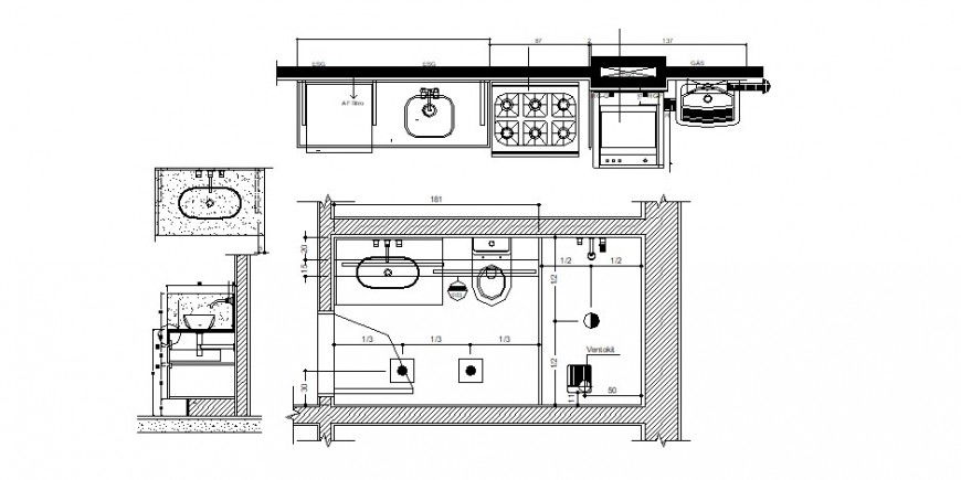 Bathroom plan section and side view in AutoCAD file
