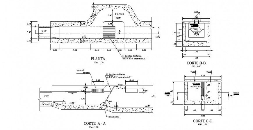 Bathroom section, construction and plumbing details dwg file