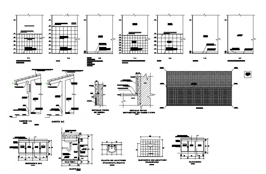 Bathroom section, plan, installation and constructive structure details dwg file