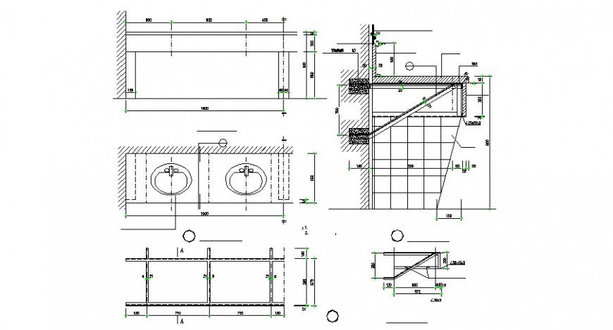 Bathroom section, plan and sink installation cad drawing details dwg file