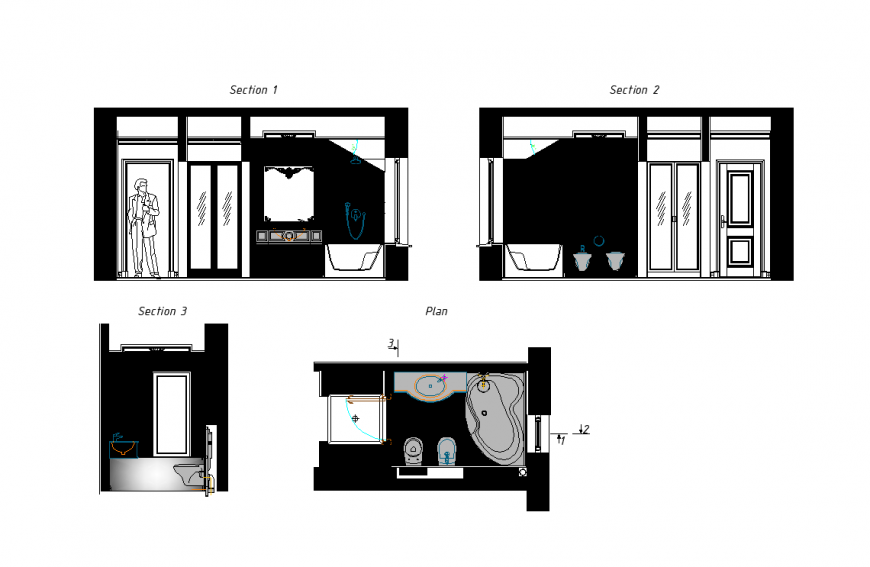 Bathroom section view and plan design dwg file