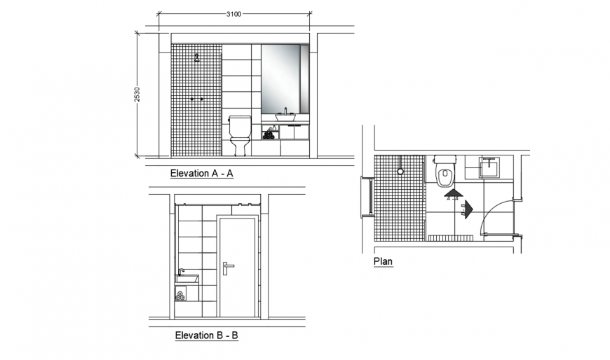 Bathroom sectional elevation, plan and installation details dwg file