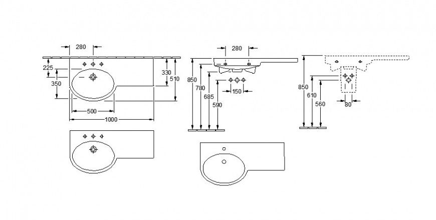 Bathroom sink elevation and section cad drawing details dwg file