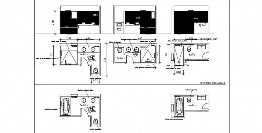 Bathroom top view layout plan and sectional detail dwg file