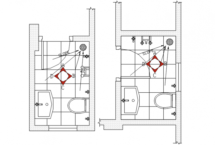 Bathroom two plans and sanitary installation details dwg file