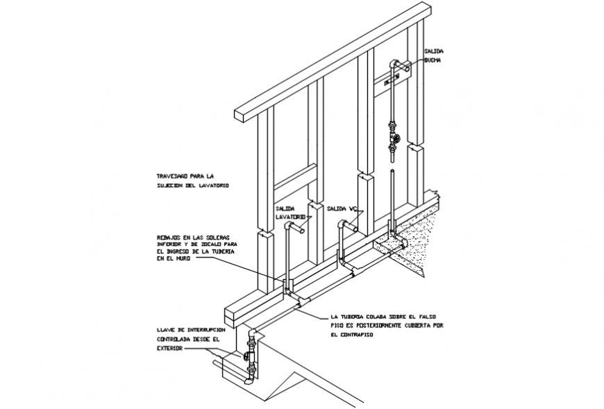 Bathroom wall section and water system plumbing details dwg file