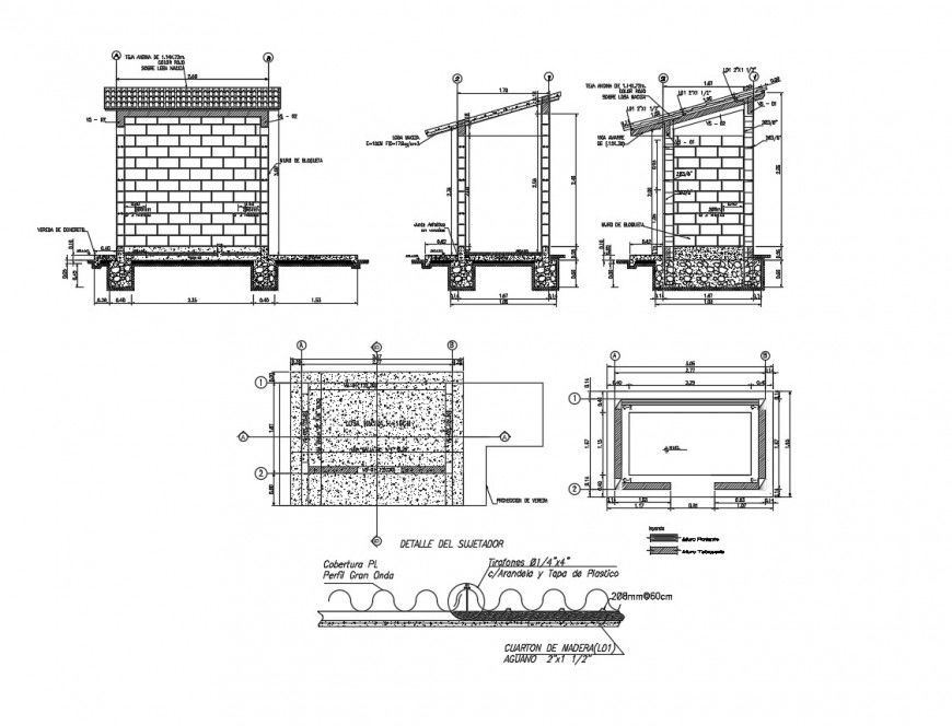 Bathroom walls constructive section and structure details dwg file