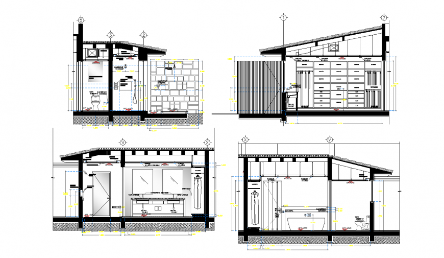 Bathroom with dressing rooms all sided sections and plan cad drawing details dwg file