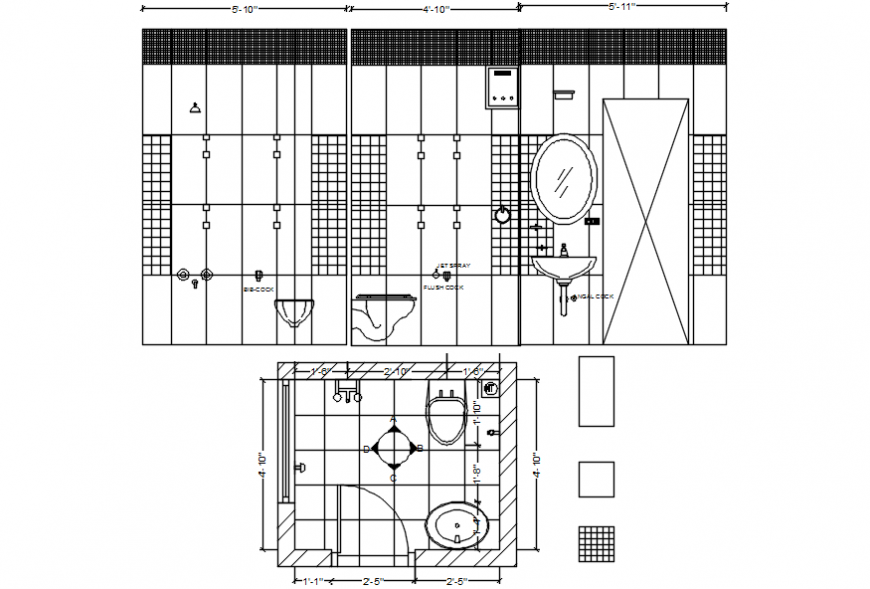Bathroom with toilet section and installation cad drawing details dwg file