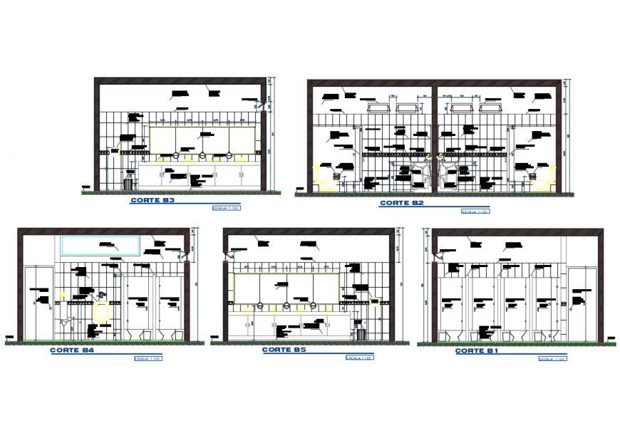 Bathrooms and toilet installation details for stadium dwg file