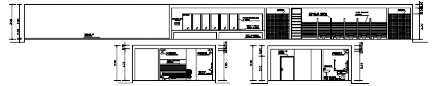 Bathrooms of sports center front and back section drawing details dwg file