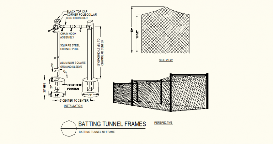 Batting tunnel frame detail plan and elevation layout file