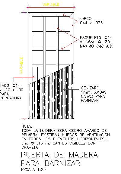 Wooden Door Construction Detail Drawing with Frame and Panel Size