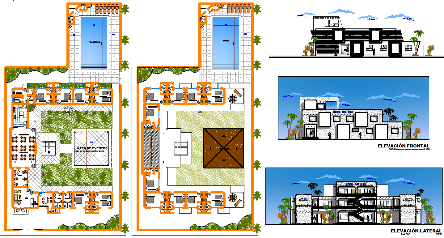 Beach Hostel AutoCAD DWG with Floor Plans, Pool Layout, and Elevations