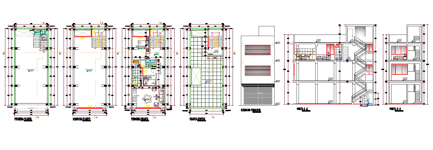 Modern apartment plan with floor layouts elevation and section
