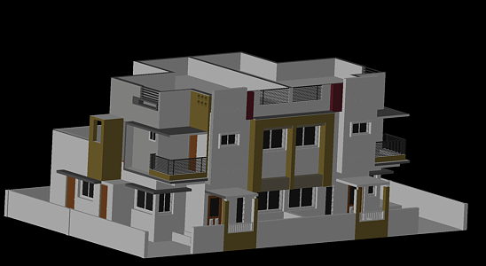 3D Twin House AutoCAD Design with Modern Residential Layout View