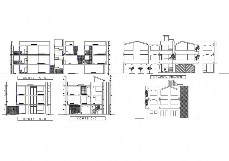 Beach house all sided elevation and section cad drawing details dwg file