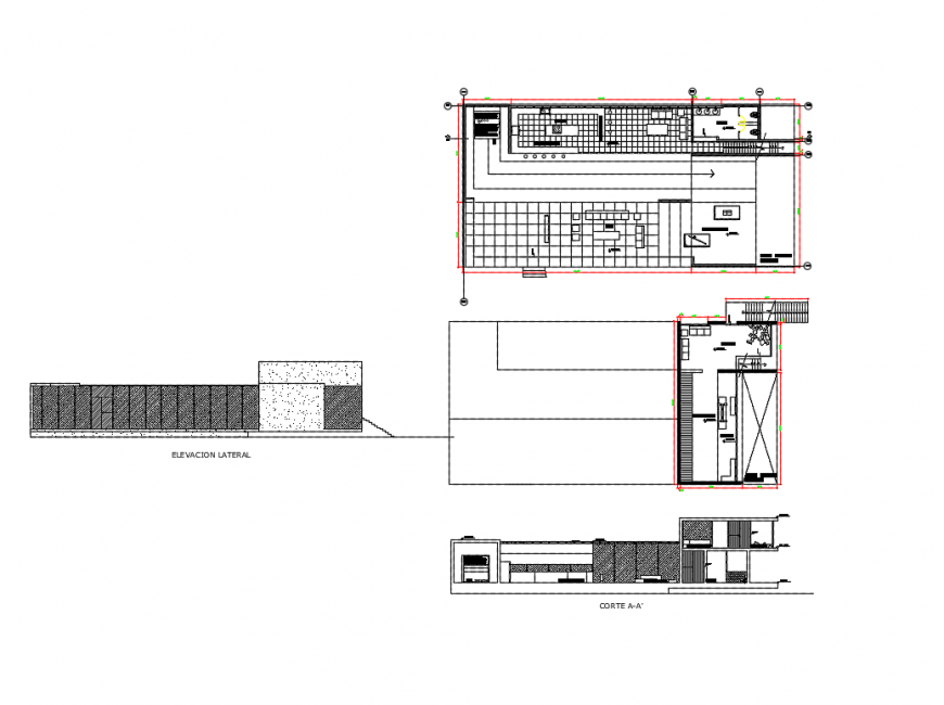 Beach house lateral elevation and section details with plan dwg file