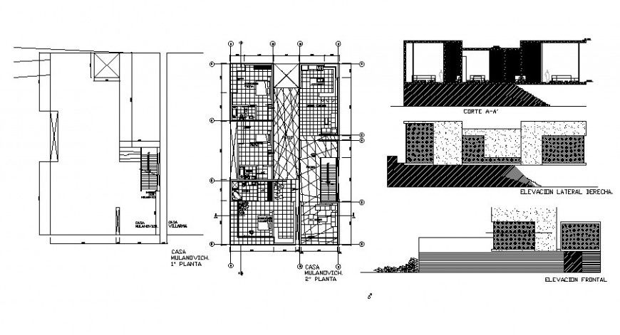 Beach house main and back elevation and section with floor plan drawing details dwg file
