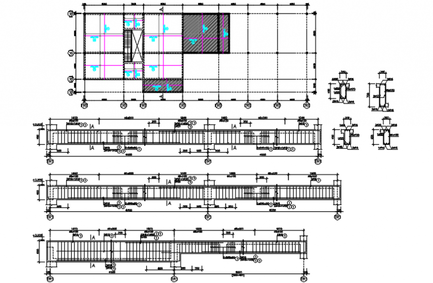 Beam schedule, column structure and foundation details for club house dwg file