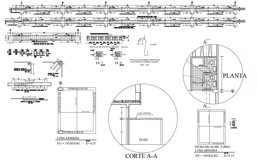 Beam schedules, sections and constructive structure for apartment building dwg file