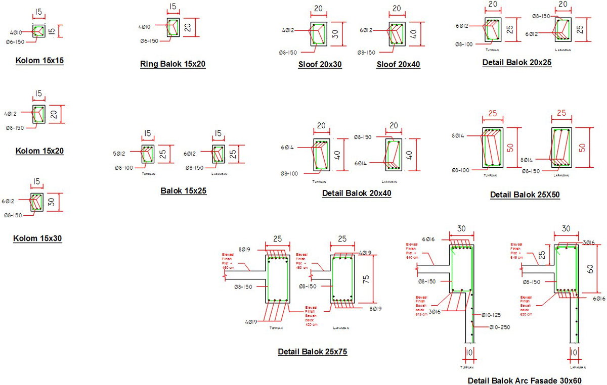 beam and column cross section views.