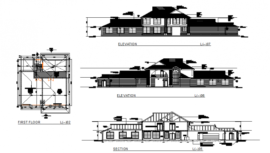 Beautiful club house main elevation, section and first floor plan details dwg file