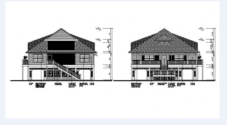 Beautiful cottage house front and back elevation drawing details dwg file