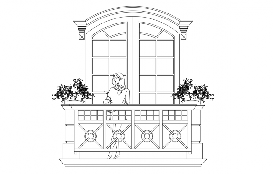 Beautiful door elevation block with balcony and woman dwg file