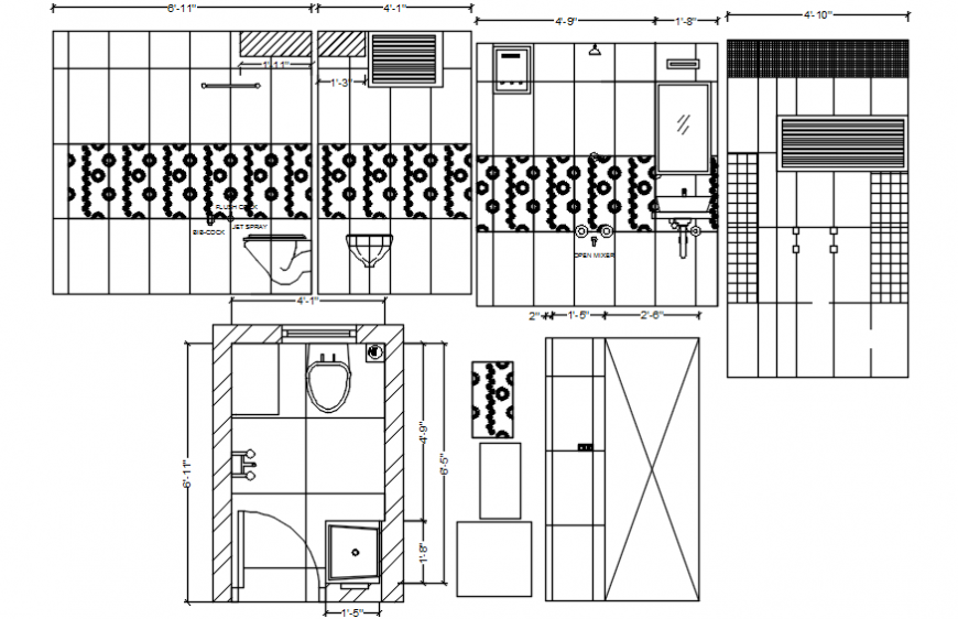 Beautiful house toilet all sided elevation, section and plan details dwg file