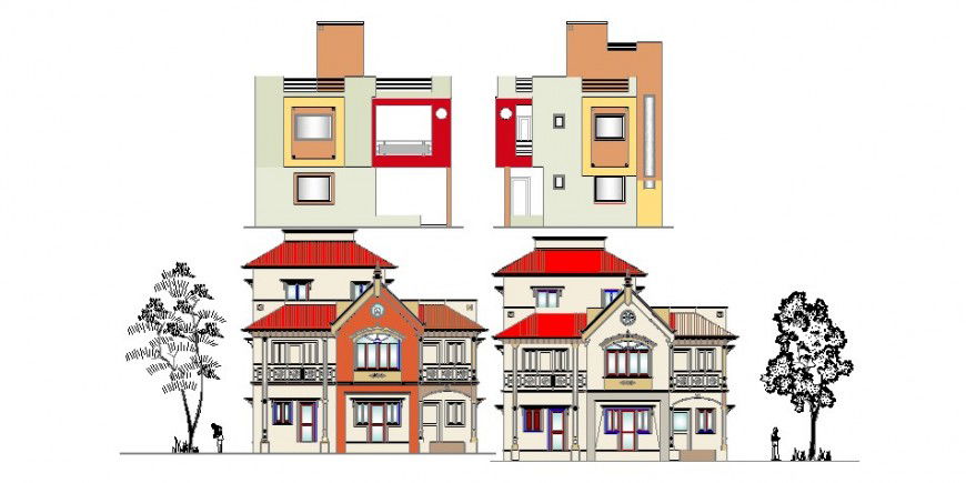 Beautiful modern bungalow main and back elevation cad drawing details dwg file
