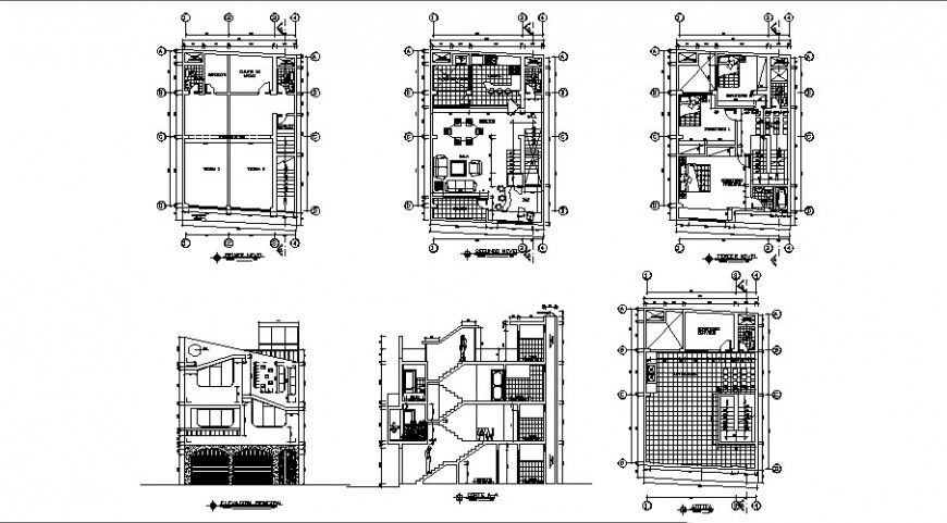 Beautiful residential house elevation, section, floor plan and structure details dwg file