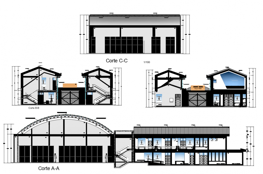 Beautiful residential villa all sided section cad drawing details dwg file